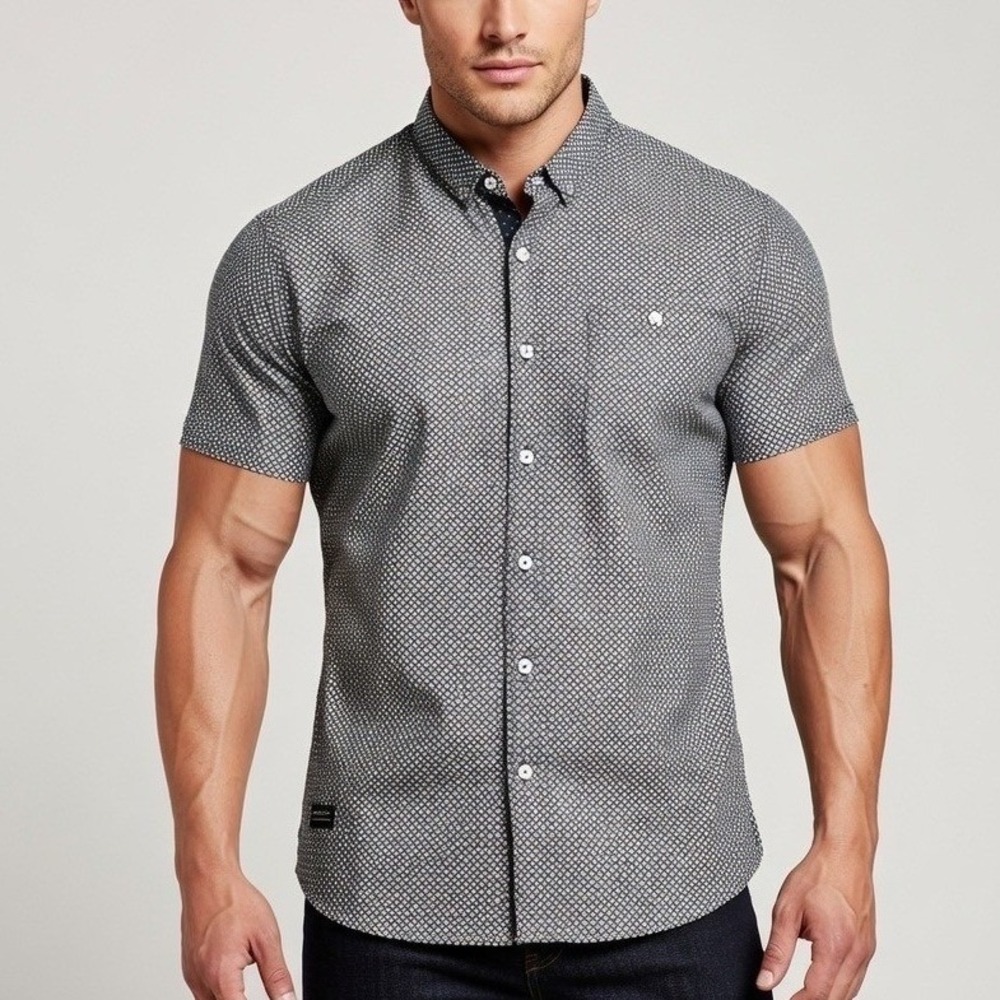 7‎ Diamonds Mens Navy White Geometric Diamond Print Short Sleeve Shirt Large
